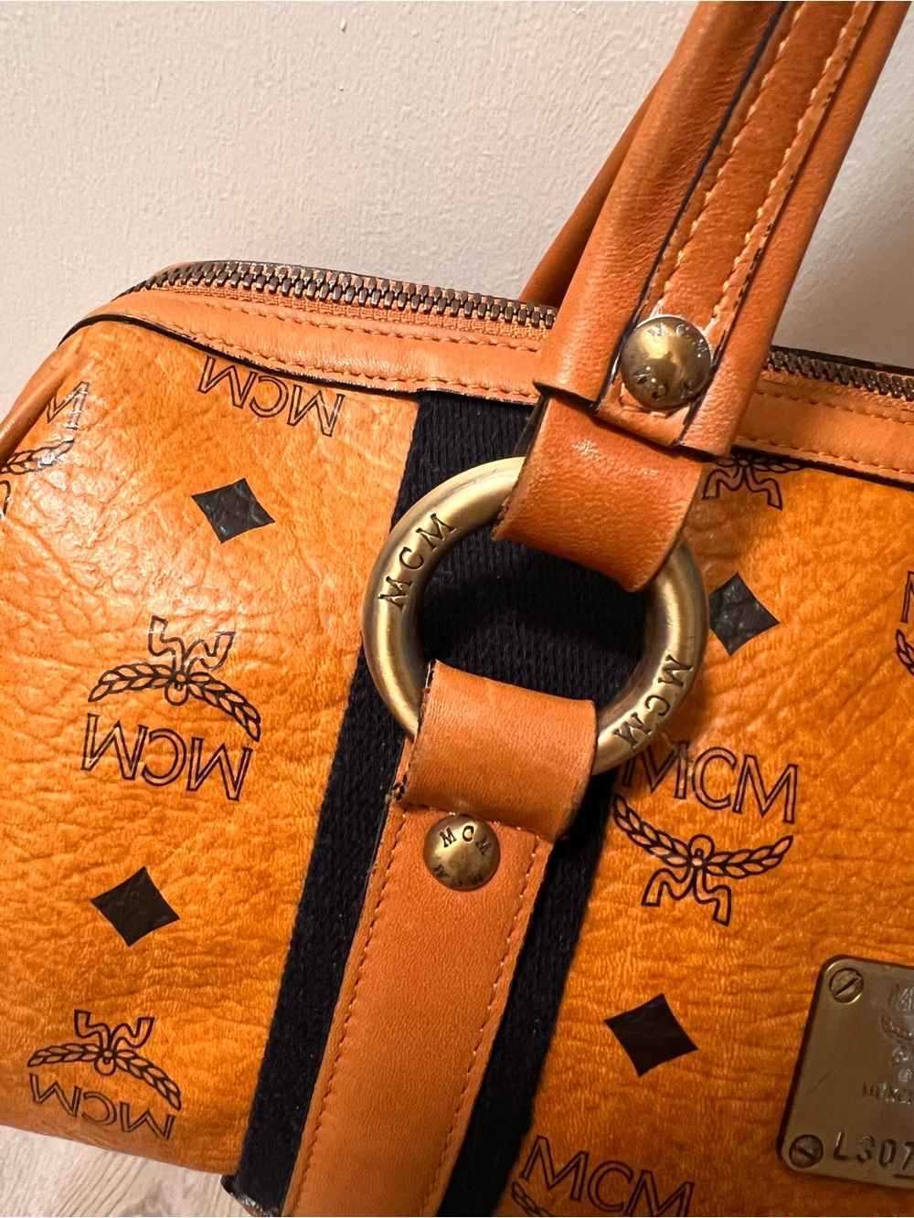 MCM Cognac Monogram Barrel Satchel with Gold Hardware - Picture 5 of 11